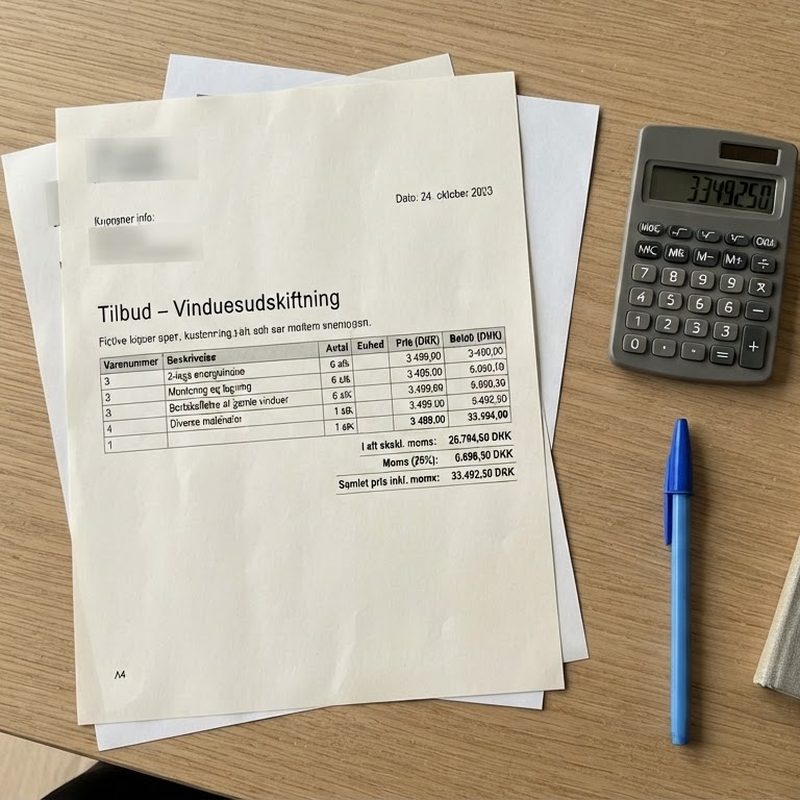 Bord med vinduestilbud, lommeregner og kvitteringer klar til fradragsopgørelsen